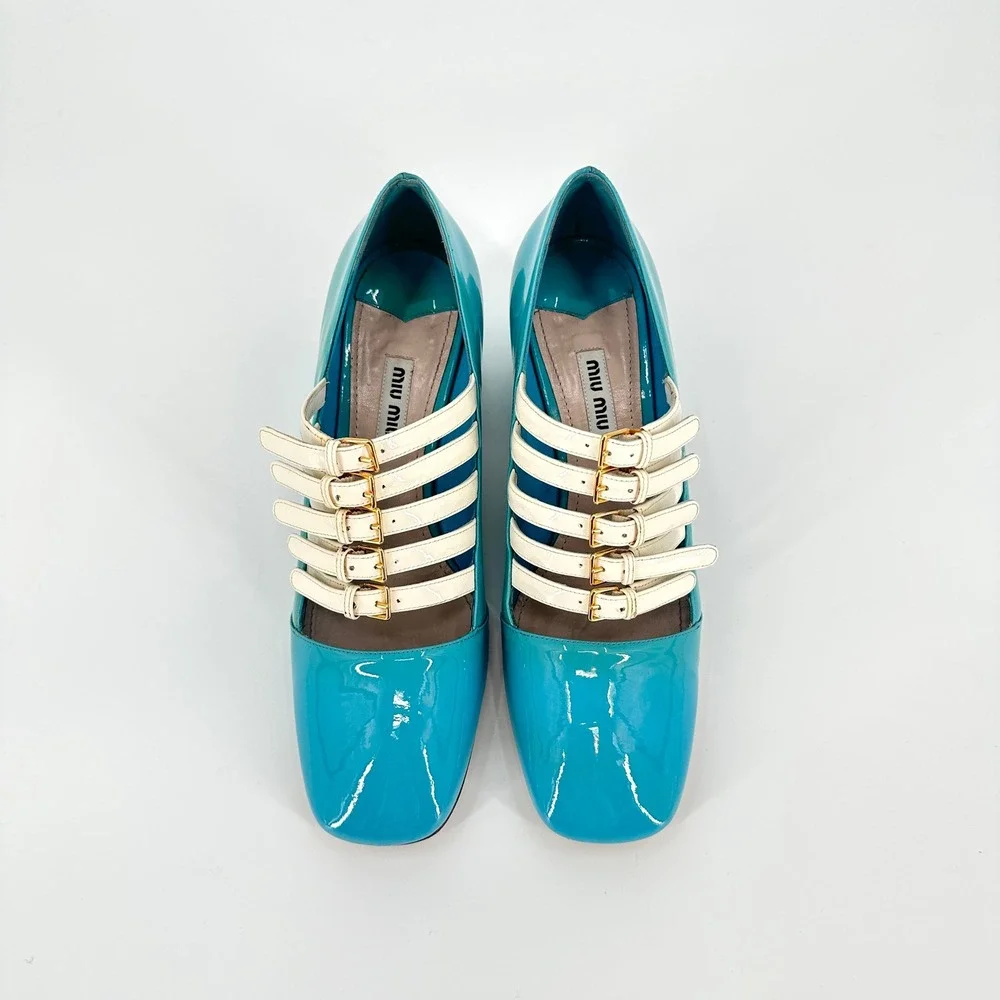 Miu Miu FW2015 Blue Patent Leather Multi-Strap Block Heel Pumps Size 37.5